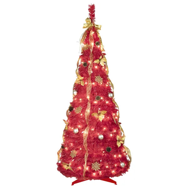 6FT Red Pop-Up Christmas Tree With 150 Warm White LED Lights, Ornaments Included – 4 Ribbons, Bow, Flowers, Snowflakes, Pine Cones &amp; Balls – Easy Assembly &amp; Space-Saving Holiday Décor
