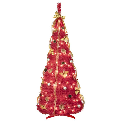 6FT Red Pop-Up Christmas Tree With 150 Warm White LED Lights, Ornaments Included – 4 Ribbons, Bow, Flowers, Snowflakes, Pine Cones &amp; Balls – Easy Assembly &amp; Space-Saving Holiday Décor