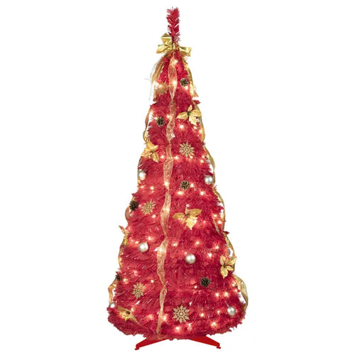 6FT Red Pop-Up Christmas Tree With 150 Warm White LED Lights, Ornaments Included – 4 Ribbons, Bow, Flowers, Snowflakes, Pine Cones & Balls – Easy Assembly & Space-Saving Holiday Décor