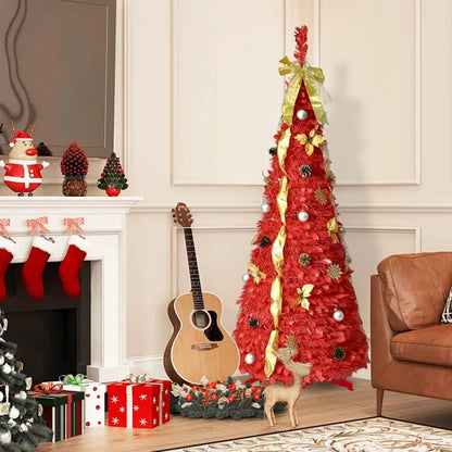 6FT Red Pop-Up Christmas Tree With 150 Warm White LED Lights, Ornaments Included – 4 Ribbons, Bow, Flowers, Snowflakes, Pine Cones &amp; Balls – Easy Assembly &amp; Space-Saving Holiday Décor