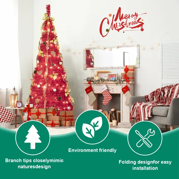 6FT Red Pop-Up Christmas Tree With 150 Warm White LED Lights, Ornaments Included – 4 Ribbons, Bow, Flowers, Snowflakes, Pine Cones &amp; Balls – Easy Assembly &amp; Space-Saving Holiday Décor