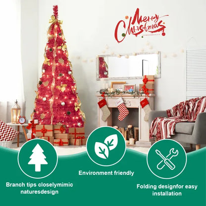 6FT Red Pop-Up Christmas Tree With 150 Warm White LED Lights, Ornaments Included – 4 Ribbons, Bow, Flowers, Snowflakes, Pine Cones &amp; Balls – Easy Assembly &amp; Space-Saving Holiday Décor