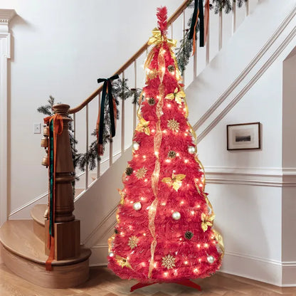 6FT Red Pop-Up Christmas Tree With 150 Warm White LED Lights, Ornaments Included – 4 Ribbons, Bow, Flowers, Snowflakes, Pine Cones &amp; Balls – Easy Assembly &amp; Space-Saving Holiday Décor