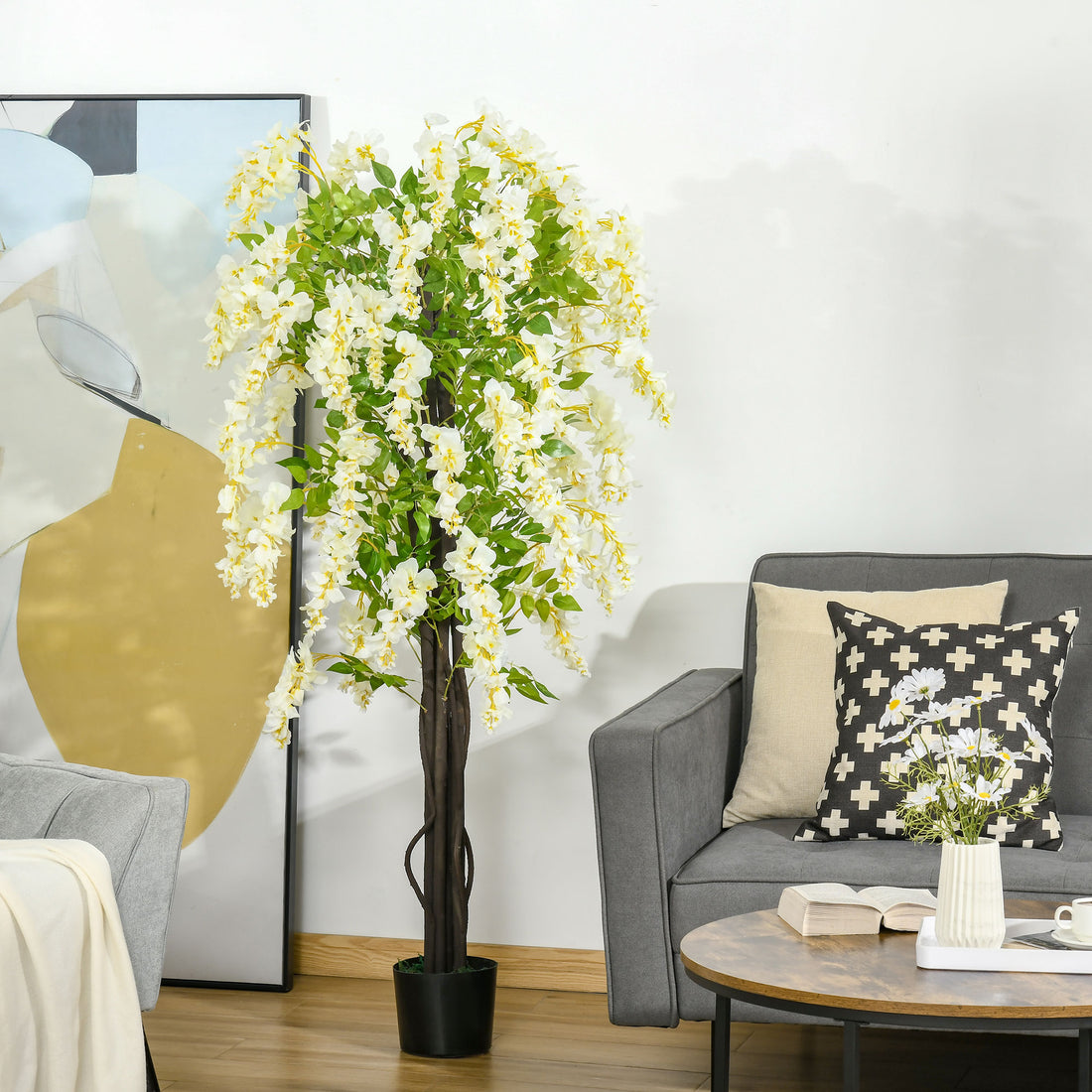 Artificial Realistic White Wisteria Tree Faux Decorative Plant In Nursery Pot For Indoor Décor, 160cm